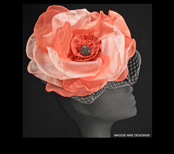 Charlize coral silk cocktail hat for garden party