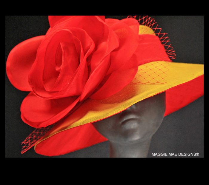 Yellow and red medium brim hat for tea party