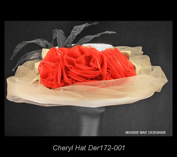 Cheryl Der172-001 white silk hat with red roses trim 