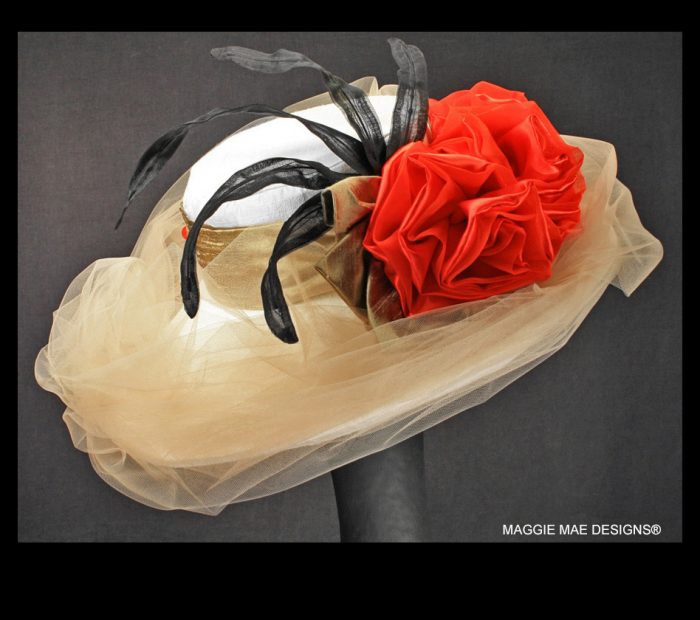Wide brim white silk hat with red roses trim for the Kentucky Derby