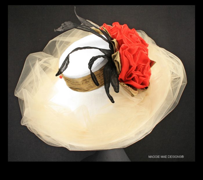 The "Leigh's Cheryl" Corinne hat in white silk with red Derby roses