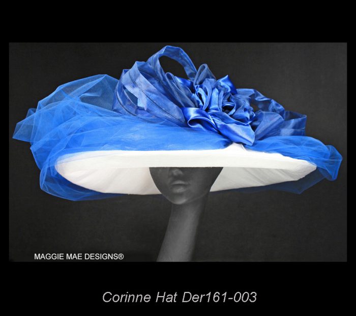 Corinne Der161-003 white silk wide brim hat with royal blue rose for Derby