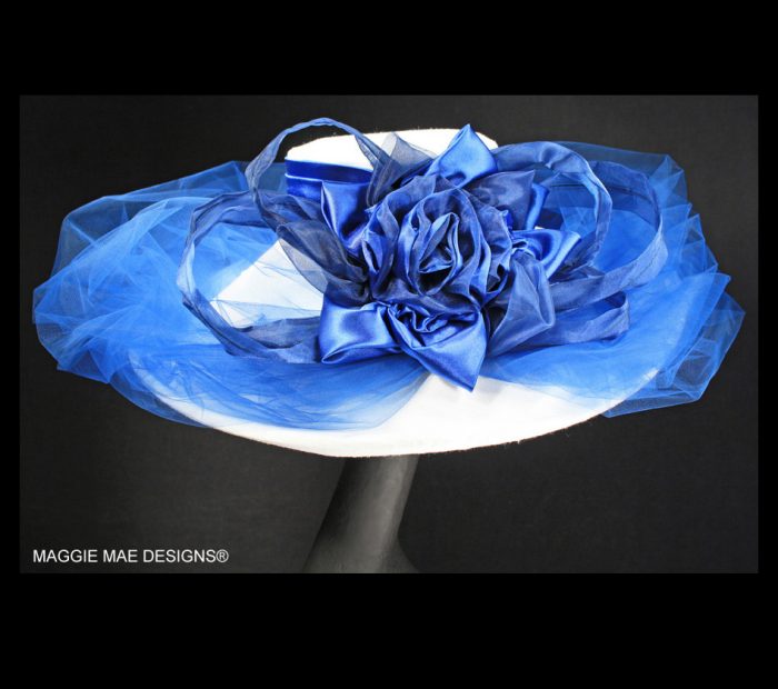 Corinne white and royal blue wide brim hat for Royal Ascot