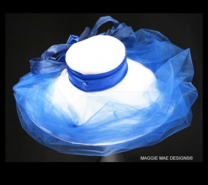 White and royal blue wide brim hat for garden party 