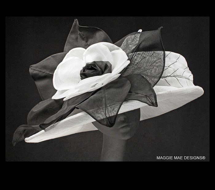 Corinne white and black silk hat for the Kentucky Derby