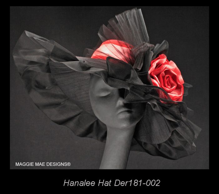 Black silk Hanalee hat trimmed with coral rose for the Kentucky Derby