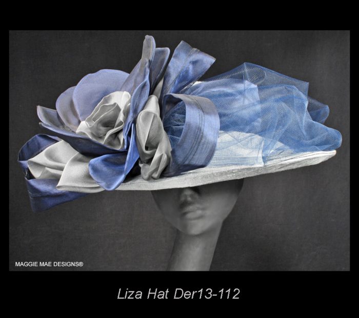 Liza Derby wide brim hat in silver and navy silk