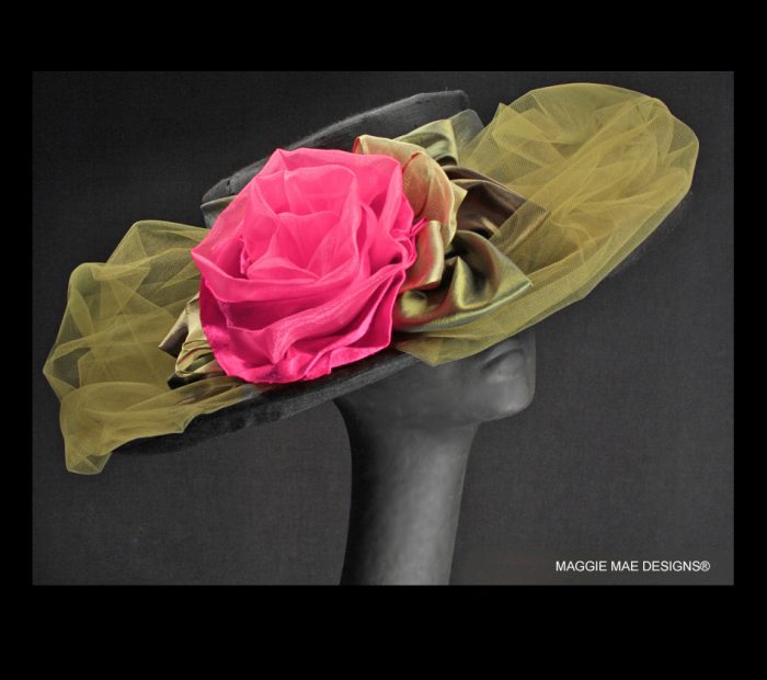 Liza wide brim black and coral hat for Royal Ascot races