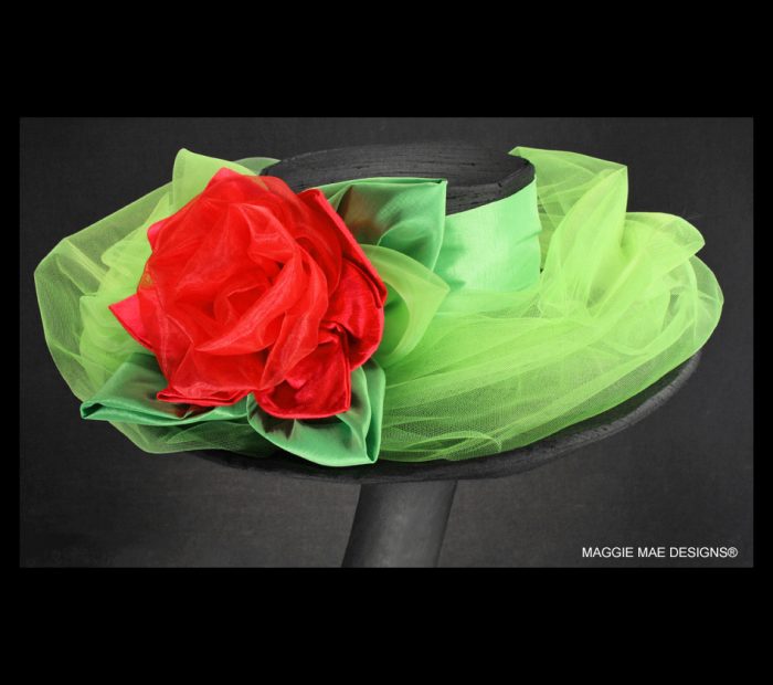 Liza Der13-120 black silk wide brim hat with red silk rose and lime tulle