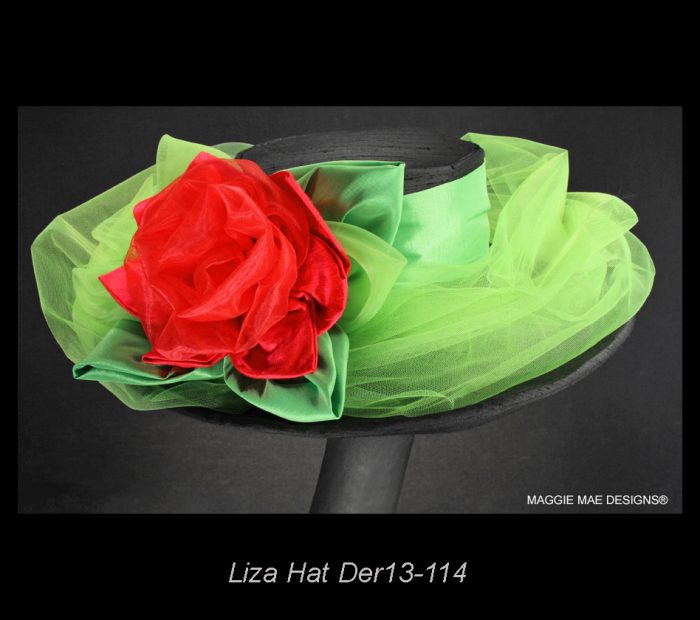 Liza Der13-112 black wide brim hat with hot pink rose and lime tulle