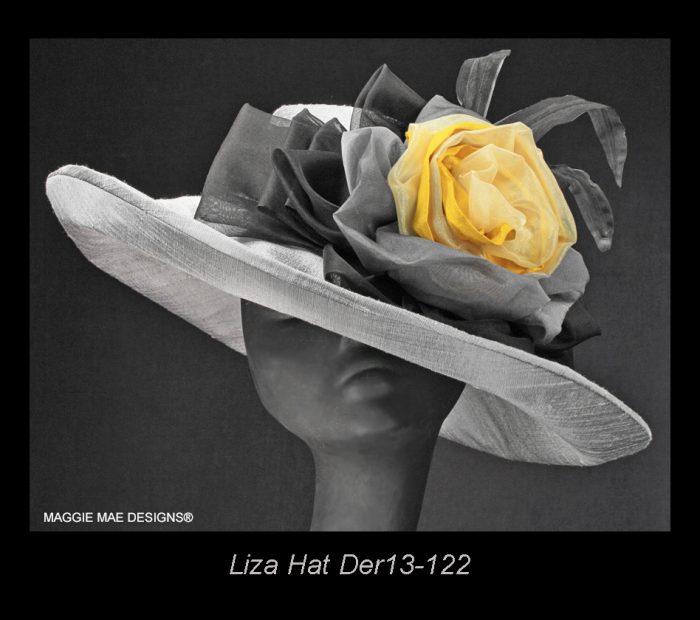 Liza Der13-122 grey silk hat with lemon rose and silk "feathers"