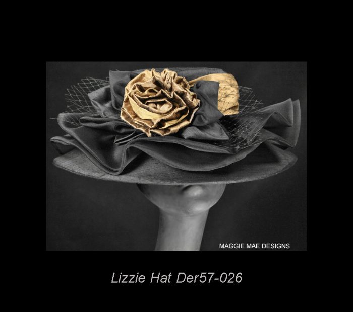 Lizzie Der57-026 black hat with brassy gold rose