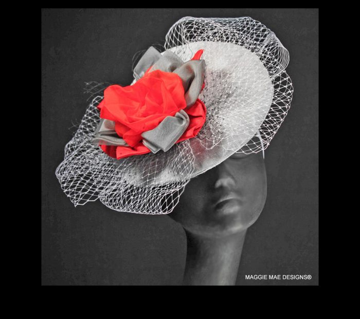 Lucille fascinator in silver dupioni silk with red rose and charcoal silk leaves