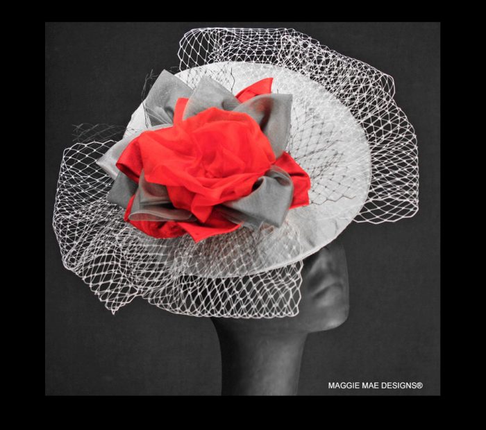 Lucille silver and red silk fascinator for Royal Ascot races