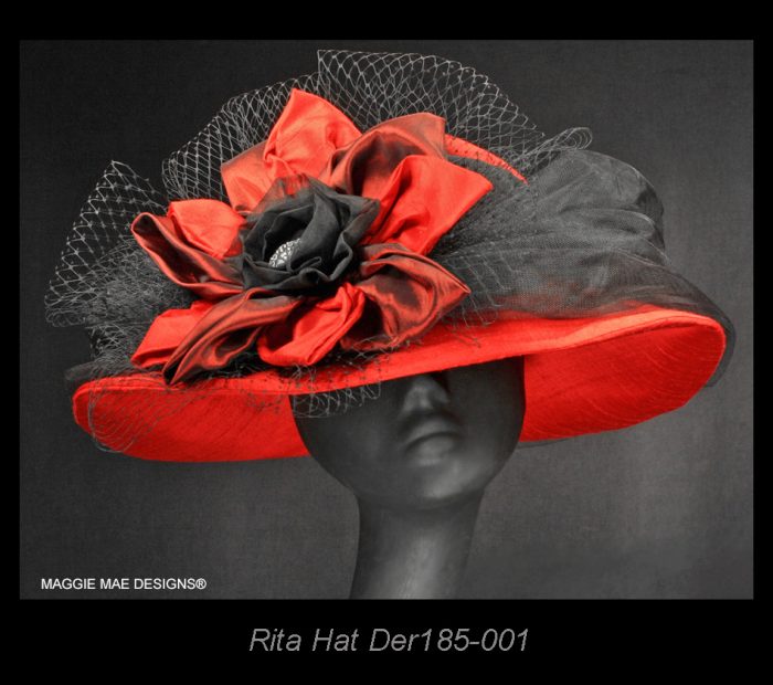 Rita Der185-0001 red hat design with jumbo black and red silk pinwheel flower
