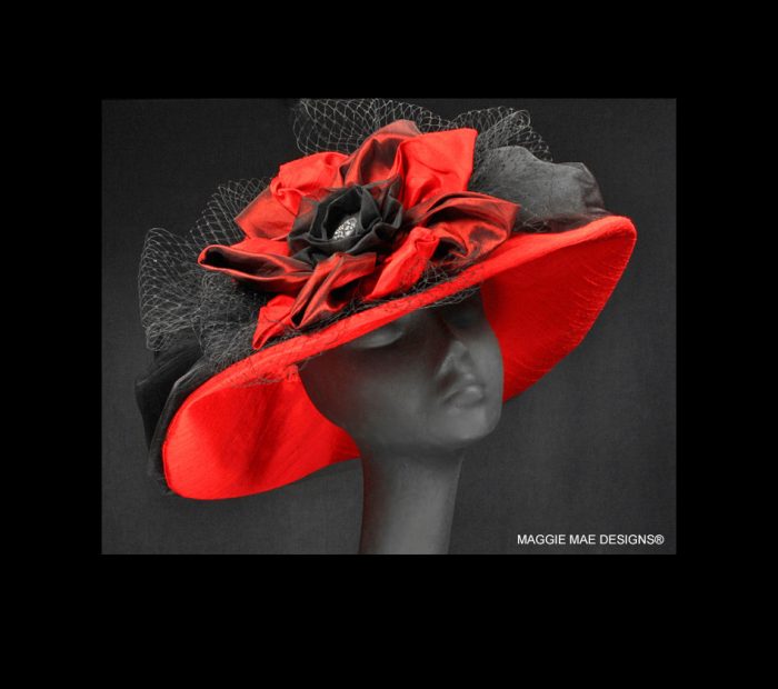 Rita red silk medium brim hat for tea