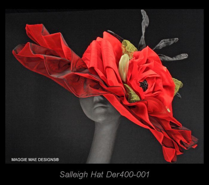 Salleigh Der400-001 red and black silk wide brim hat for the Kentucky Derby