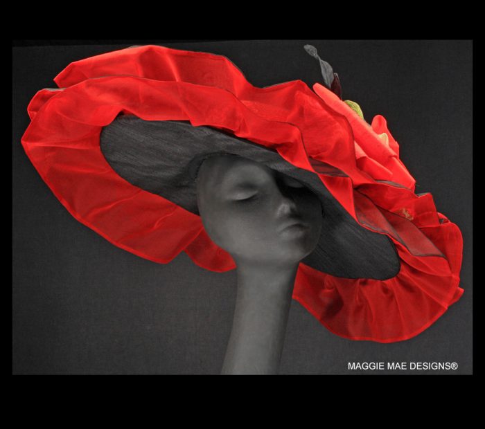 Salleigh black and red wide brim silk hat for Royal Ascot races