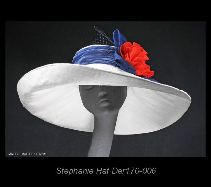 Stefanie Der170-006 white wide brim silk hat trimmed with red rose and royal blue