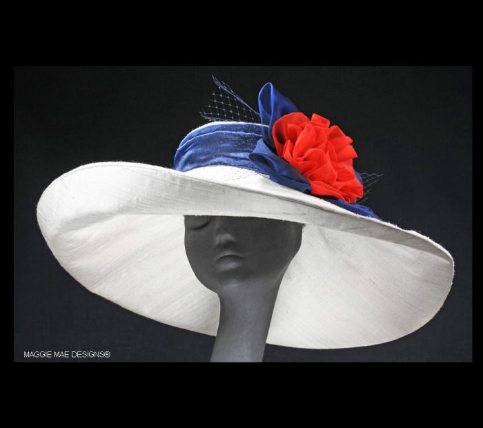 wide brim garden party hat in red, white and blue silk