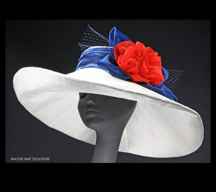 Red white and blue wide brim silk hat for Royal Ascot