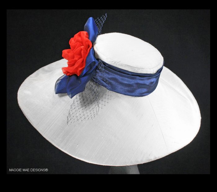 extra wide white silk hat with red rose trim for garden party