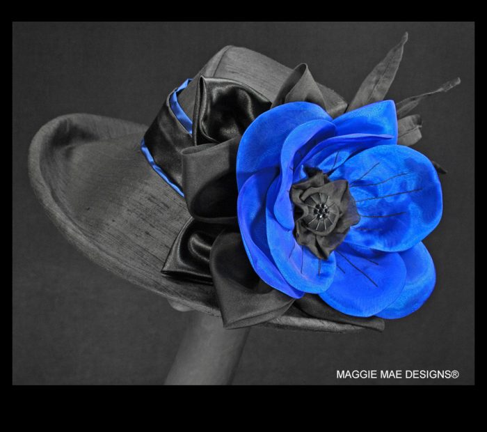 Sydney Der197-002 black silk hat with royal blue Marguerite for Derby