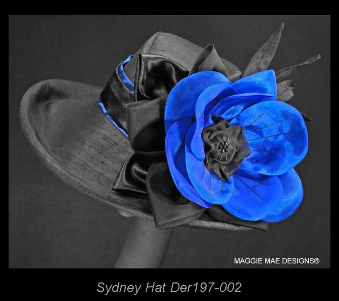Sydney Der197-002 black silk hat with royal blue Marguerite for Derby