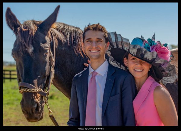 The "Cozmic One" hat created for "Hats Off to the Horses" 2026. Andie Biancone and Keith Asmussen, modeling. Photo by Carson Blevins 