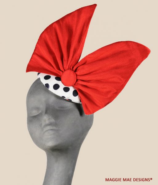 Ariel Polka Dot fascinator in red and white polka dots with red silk freeform bow