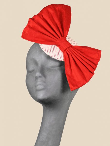 Lucy red pink polka dot fascinator trimmed with large red silk dupioni bow