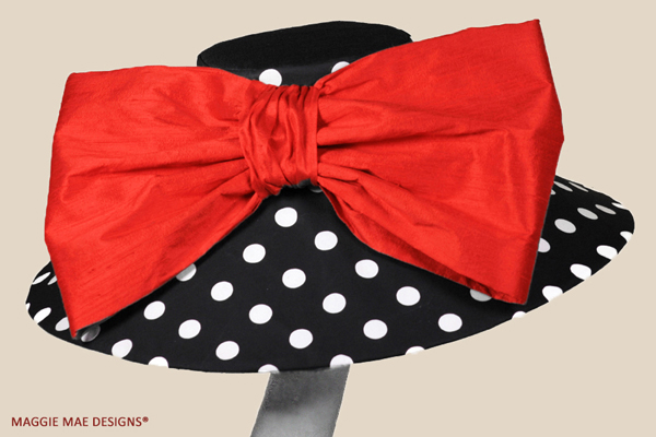 Corinne Polka Dot wide brim hat with red silk bow.