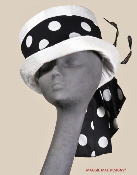 Teddy white silk top hat with black and white polka dot trims