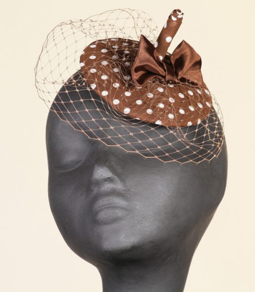 Tillie chocolate and white polka dot beret fascinator with bow and veiling