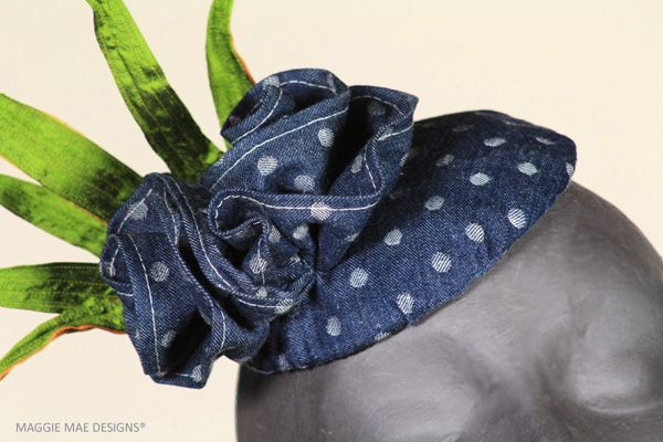 Blue polka dot denikmfabric used to create the "Seafoam and Spartina Grass" fascinator by Cape Cod milliner, Sally Faith Steinmann.