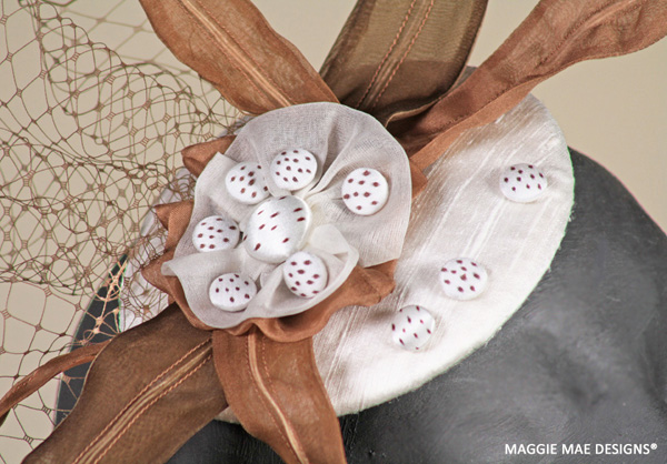 The chocolate polka dot button trim of the "Piper" fascinator reflects the characteristic spotted chest pattern found on adult Spotted Sandpipers.
